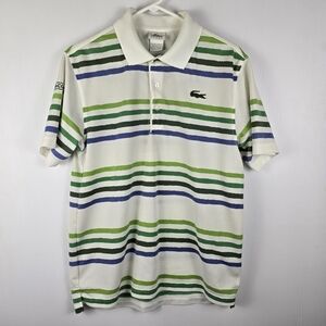 Lacoste Men's Striped Polo Shirt - Green and Blue Polyester Size M Golf Leisure